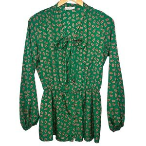 Vintage Berry Print Emerald Green Orange Brown Button Blouse with Bow Size M